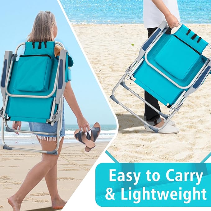 Backpack Beach Chairs Low 5 Position Beach Chair with Pouch Straps Folding Lightweight Reclining Aluminum Lay Flat Single (Mint Green High)