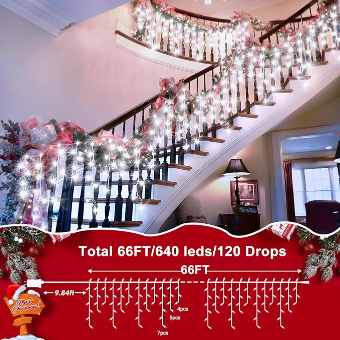 XURISEN 66ft Christmas Lights Decorations Outdoor 640 LED 8 Modes Curtain Fairy Lights with 120 DropsPlug in Waterproof Timer Memory Function for Christmas Holiday Wedding Party Decor(Cool White)