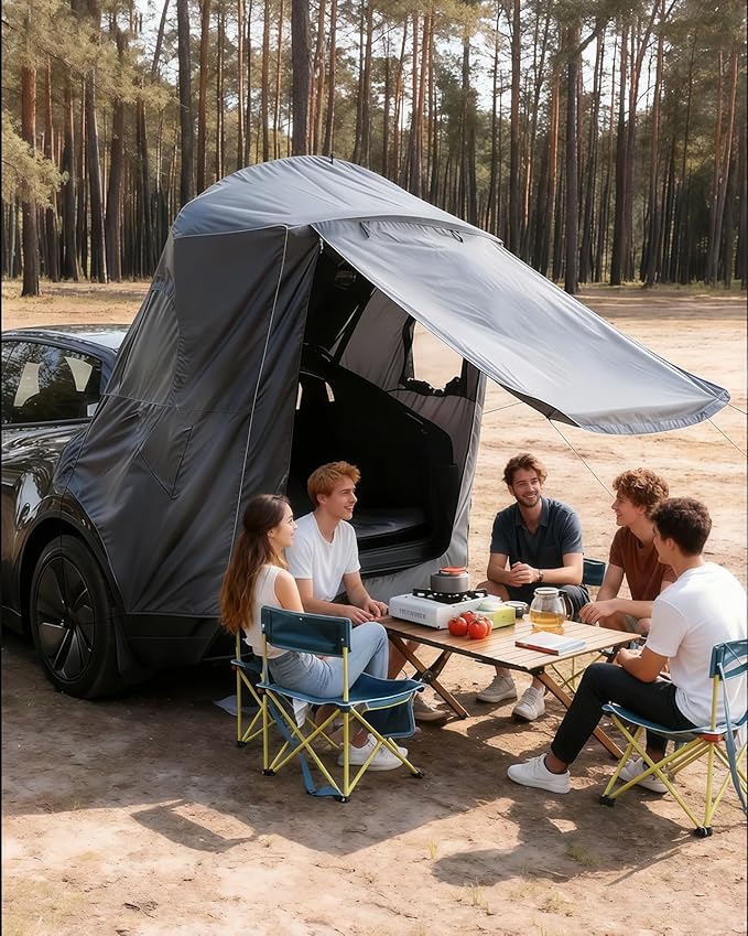 Tailgate Camping Tent for Tesla Model Y 2020-2024 Accessories [UPF50+ &amp Waterproof PU 3000mm] 420D Oxford Fabric Car Tailgate Shade Awning with Screen Net Suitable for 2-4 Person - Grey