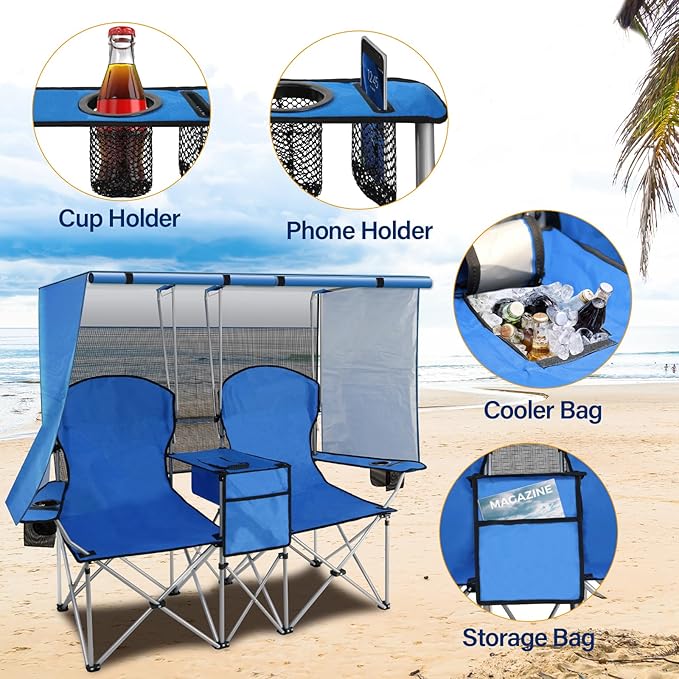 BDL Double Camping Chair with Canopy Two Person Folding Loveseat with Shade Heavy Duty Beach Chair with Cooler Bag Cup Holder for Outside Fishing Sports Beach-Sky Blue