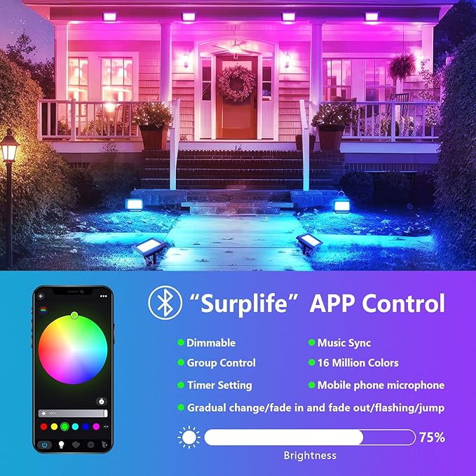 RIGIDON 1 Pack 150W LED Flood Light Outdoor with Plug Smart RGB DIY Scenes Color Changing Landscape Lighting with APP Control IP66 Waterproof Flood Lights for Garden Yards Stage House