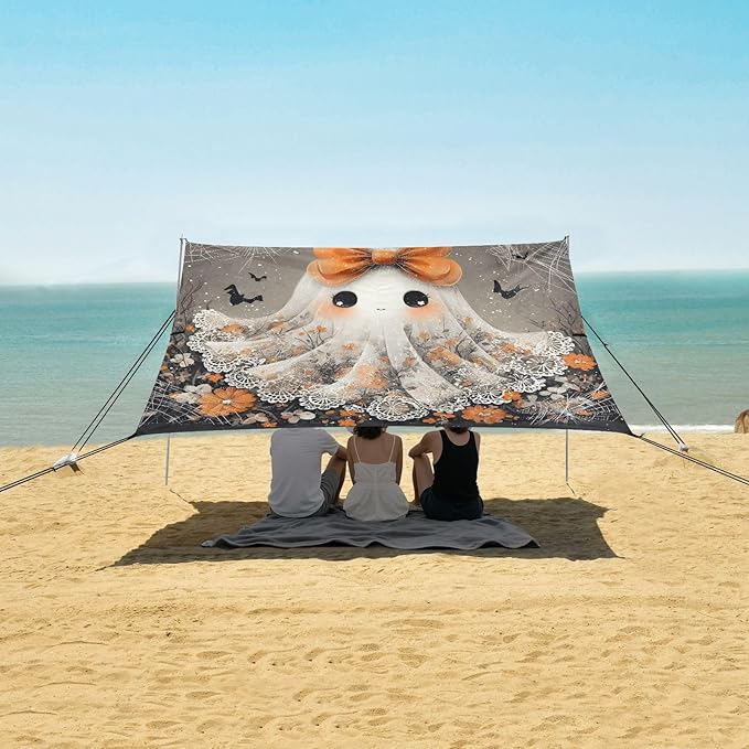 ALAZA Cute Ghost Bow Halloween Beach Tent Sun Shelter UPF50+ Protection Beach Shade Canopy w/ 4 Sandbags for Outdoor Camping Fishing Backyard Fun Picnic 10x9 ft
