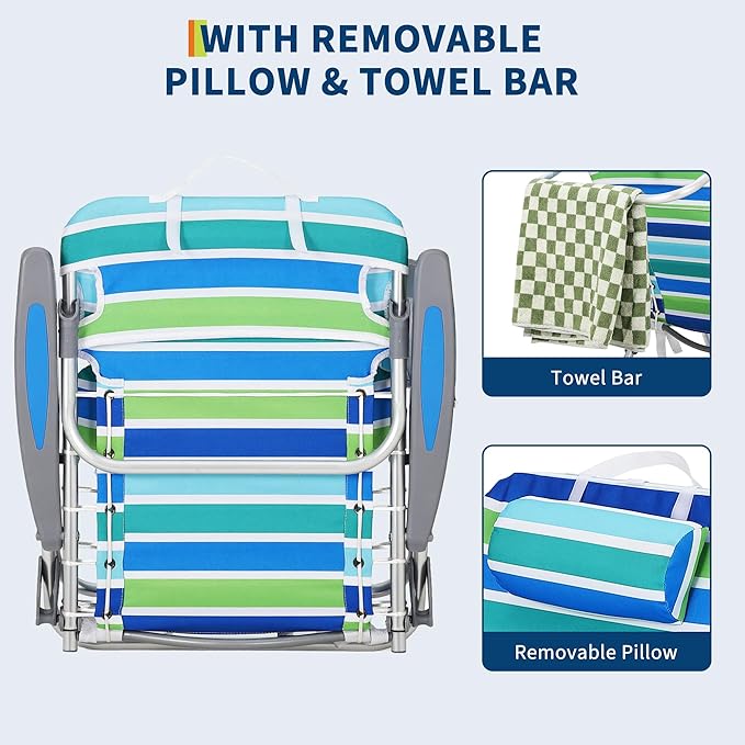 GarveeLife Backpack Beach Chair for Adults Lightweight Portable Lay Flat Folding Beach Chair with 5 Reclining Positions Backpack Straps Phone Pocket Cup Holder &amp Towel Bar