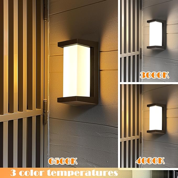 Black Exterior Lighting Fixtures Rectangular Modern Front Porch Light Fixtures 12W Outdoor Wall Light Fixtures Wall Mount IP65 Waterproof Outdoor Wall Sconce 3-Color-Changeable