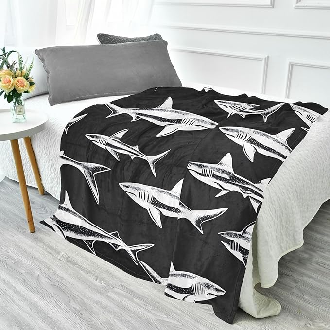 Soft Throw Blanket Shark Silhouette Black White Teen Throw Blanket 50'' x 70''