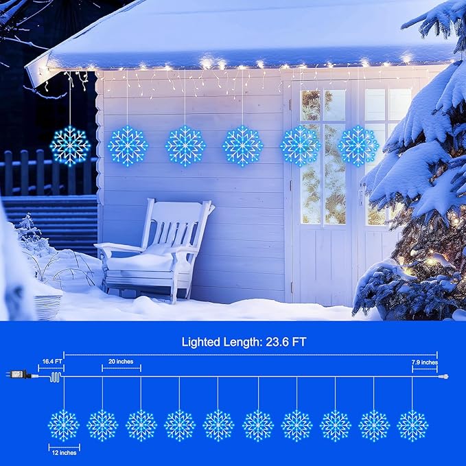Brightown Christmas Snowflake Icicle Lights Outdoor - Plug-in 23.6ft 10 Drops 480LED Snowflake Window Lights for Indoor Outdoor Porch Eaves Rooftops Canopy Christmas Decoration Blue and White
