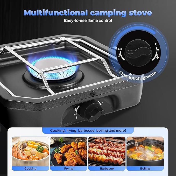 Adjustable 2 Burner Portable Camping Stove Propane (16000 BTU) with Camping Grill and Carrying Bag Folding Propane StoveGas Camping Stove with Piezo Ignition for Camping Backyard BBQ Black