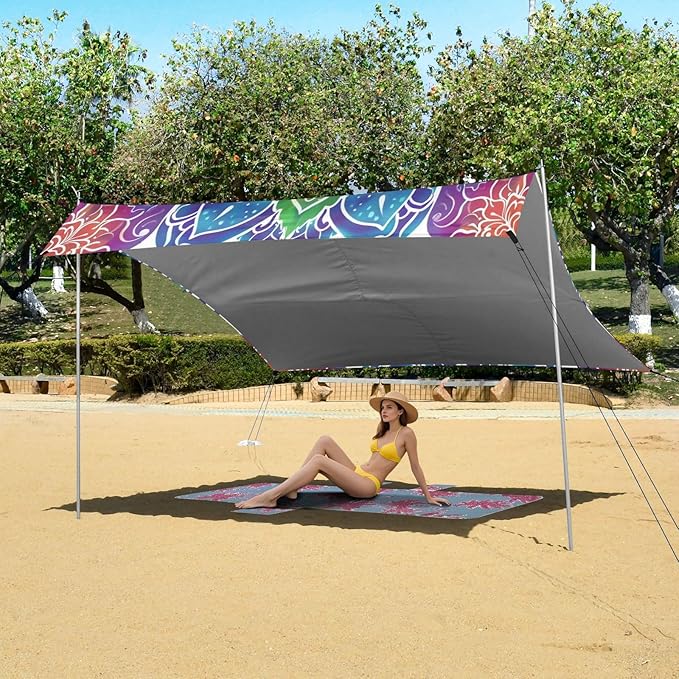 ALAZA Rainbow Mandala Flower Beach Tent Sun Shelter UPF50+ Protection Beach Shade Canopy w/ 4 Sandbags for Outdoor Camping Fishing Backyard Fun Picnic 10x9 ft