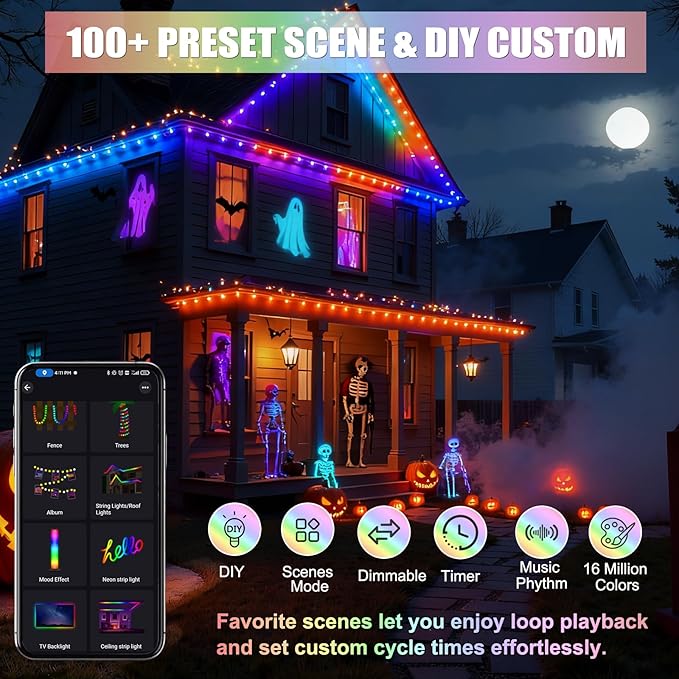 ASTRAEA Permanent Outdoor Lights 50ft RGBW Smart Eaves Lights with APP &amp Remote Control IP67 Waterproof LED Roof Lighting DIY Scenes Modes for House Roof Decor Christmas Party Holiday and Da