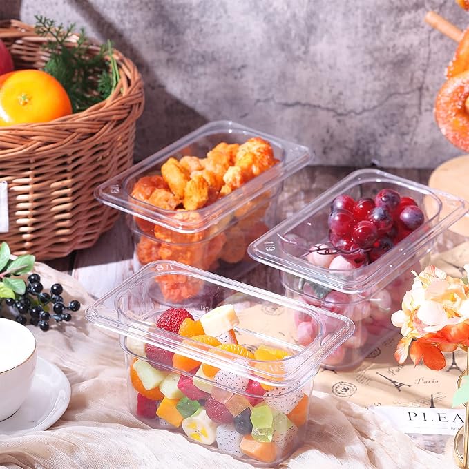 Mumufy 12 Packs Plastic Clear Food Pan 1/9 Size Deep Stackable Polycarbonate Pan with Capacity Indicator Restaurant Commercial Hotel Pans for Fruits Vegetables Beans Corns (4 Inch)