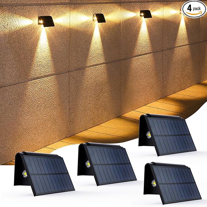 3LED Solar Fence Lights Outdoor Bright Wall Light Dusk to Dawn Ip65 Waterproof Solar Powered LightsTriple-Sided Illumination for Deck/Patio/Yard/Garage/Proch(Warm White 4 Pack)