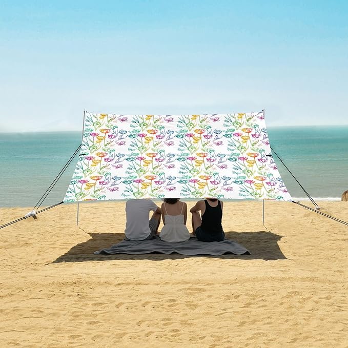ALAZA Rainbow Tulip Flower Butterfly Beach Tent Sun Shelter UPF50+ Protection Beach Shade Canopy w/ 4 Sandbags for Outdoor Camping Fishing Backyard Fun Picnic 10x9 ft