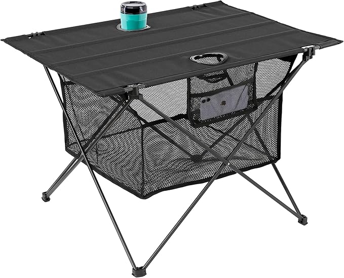 Lightweight Camping Table - Portable Folding Beach Side Table w/2 Cup Holders &amp Large Storage Basket Compact Fold for Tailgate Travel Outdoor Fishing Picnic | 29.2 W x 21.7 D (Black)