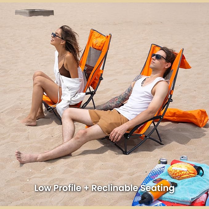 ARROWHEAD OUTDOOR 2-Pack Low Seating + 20° Reclining Folding Beach Chair w/Padded Headrest Foam Armrest Cup Holder Carry Bag 300 LBS Weight Capacity
