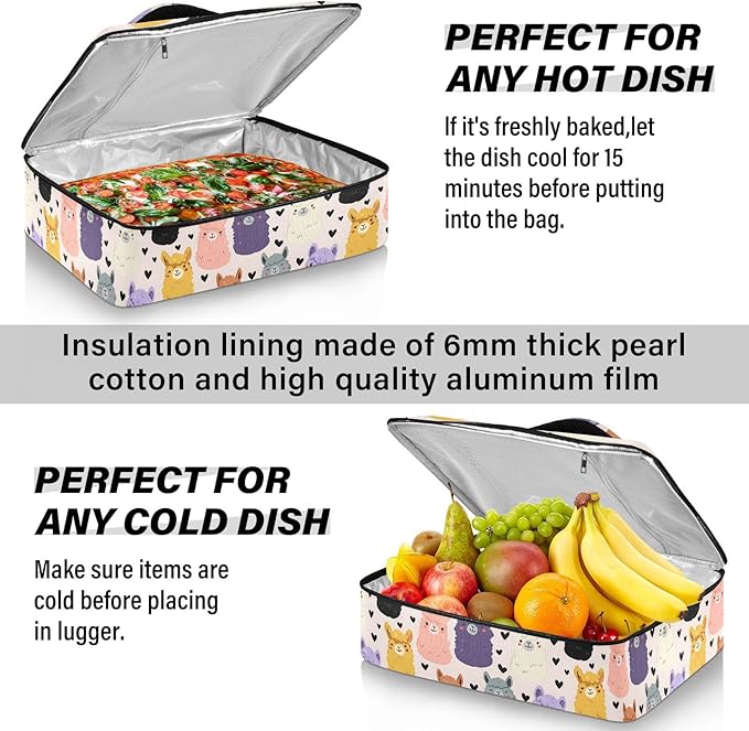 Casserole Carrier Cute Alpaca PatternInsulated Casserole Carrier for Hot or Cold Food Thermal Lunch Tote for Potluck Parties Picnic Beach Fits 9 x 13 Inches Baking Dish