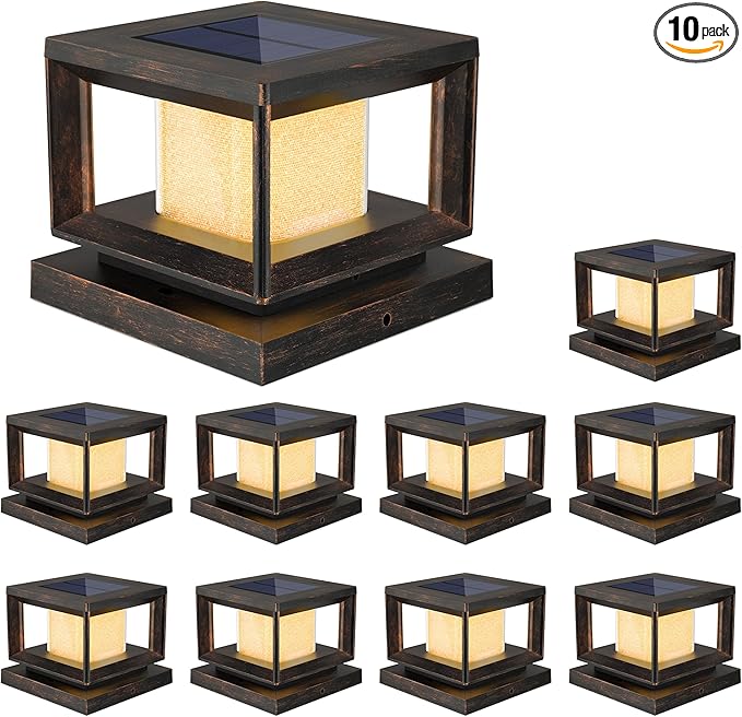 Mlambert 10 Pack Solar Post Lights Outdoor Waterproof Fence Cap Lights for Deck 4x4 6x6 Wooden Vinyl Outdoor Light with Shinning Effect Brown