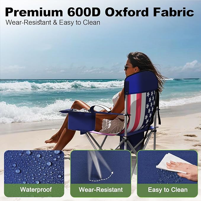 Folding Camping Chairs Durable 600D Oxford Portable Outdoor Chair with Cooler Pouch Cup Holder &amp Storage Pocket for Camping Beach Fishing