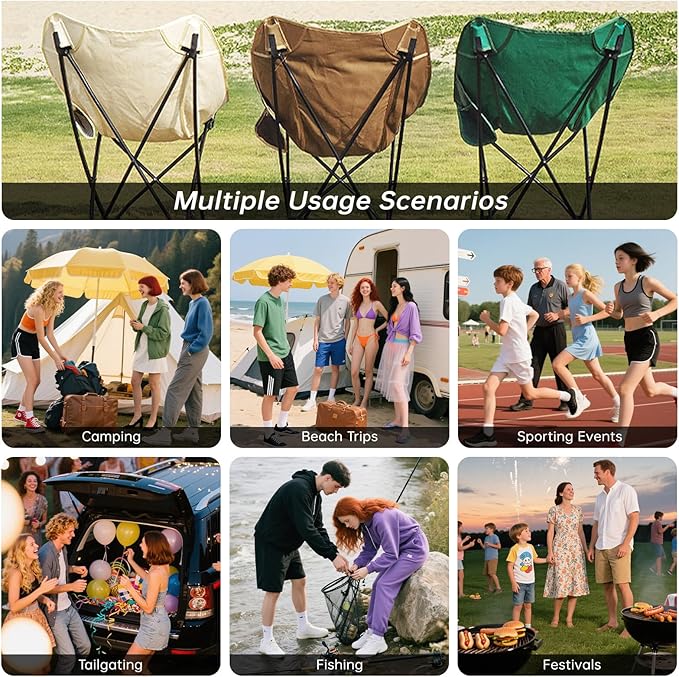 Portable Camping Chair for Adults Foldable Outdoor Chairs 300LBS Support with Side Pocket Ultralight Camp Seats for Camping Beach Sports Events Backyard