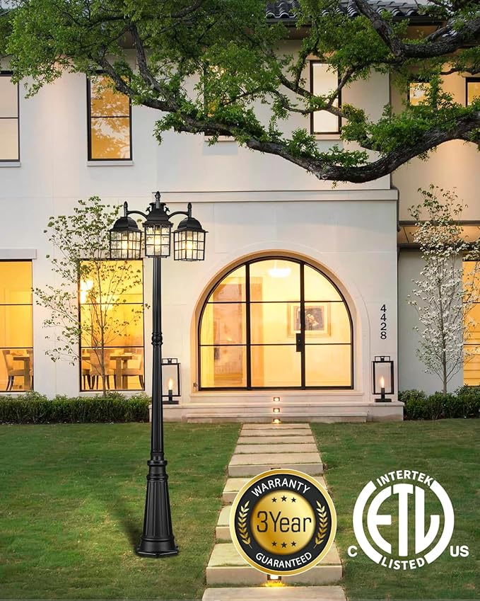 VIANIS Dusk to Dawn 3-Head Lamp Posts Outdoor Lighting Modern Black Outdoor Post Lights Hard Wired Anti-Rust Waterproof Outside Lamppost Light Fixture for Garden Backyard with Water Ripple Glass