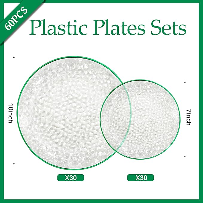 Rubtlamp 60Pcs Plastic St Patricks Day Plates Plates Clear Plastic Disposable Plates With Green Rim Green Heavy Duty Fancy Hammered Party Plate Include 30 Dinner Platos30 Salad Platos for Easter