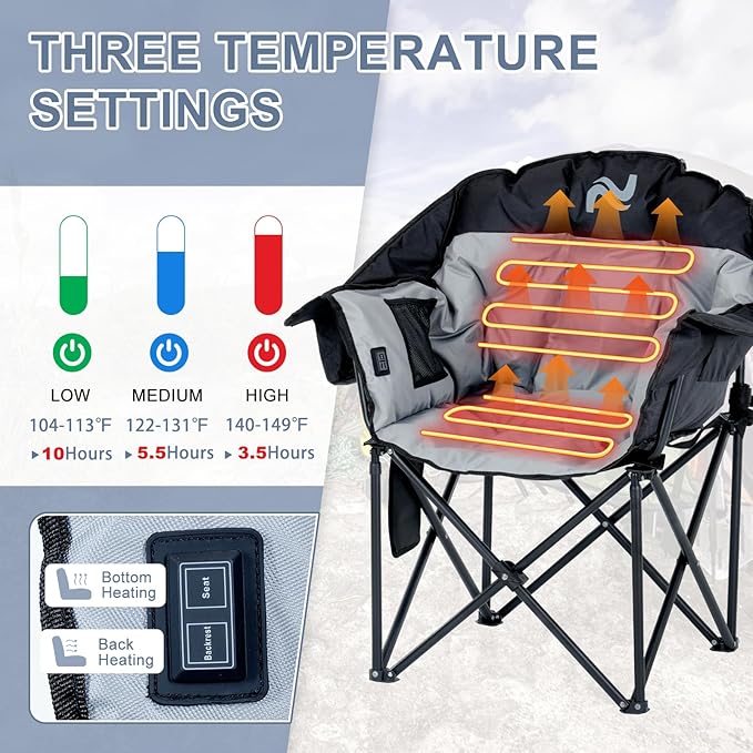 ABORON Oversized Heated Armrest Camping Chair Portable Heated Folding Recliner Chair with 3 Heat Settings Fully Padded Heavy Duty Chair Supports Up to 400 lbs Perfect for Outdoor Adventures
