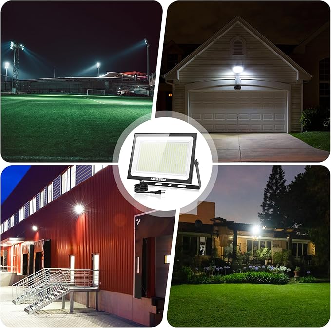 MORSEN 500W Flood Lights Outdoor 60000lm Bright LED Work Light with Plug 6500K Daylight White LED Flood Lighting IP66 Waterproof Security Yard Lights for Yard Garage Stadium 2 Pack