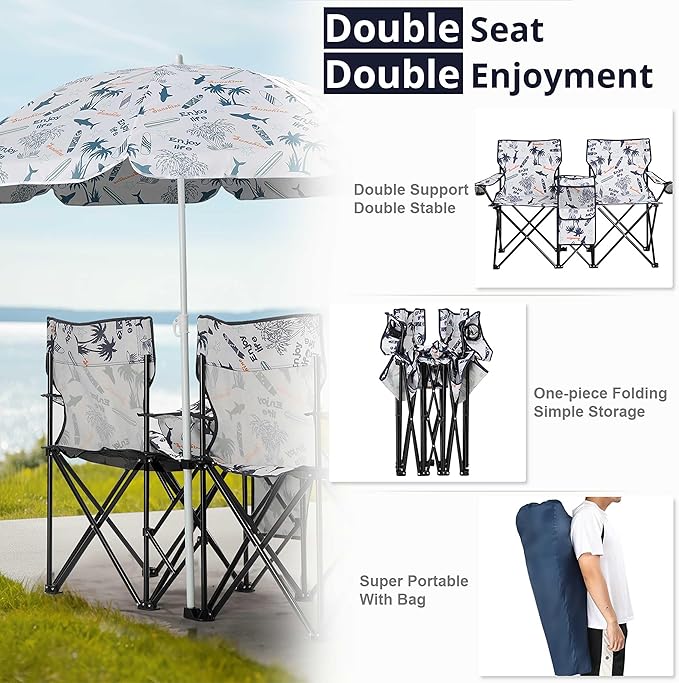 Portable Loveseat Folding Camping Chair w/Detachable Umbrella Heavy-Duty Steel &amp Oxford Material Fishing Chair for Beach Outdoor Activities Compact Design with Carrying Bag Load 180 LBS Per S