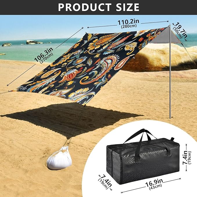 ALAZA Paisley Vintage Beach Tent Sun Shelter UPF50+ Protection Beach Shade Canopy w/ 4 Sandbags for Outdoor Camping Fishing Backyard Fun Picnic 10x9 ft