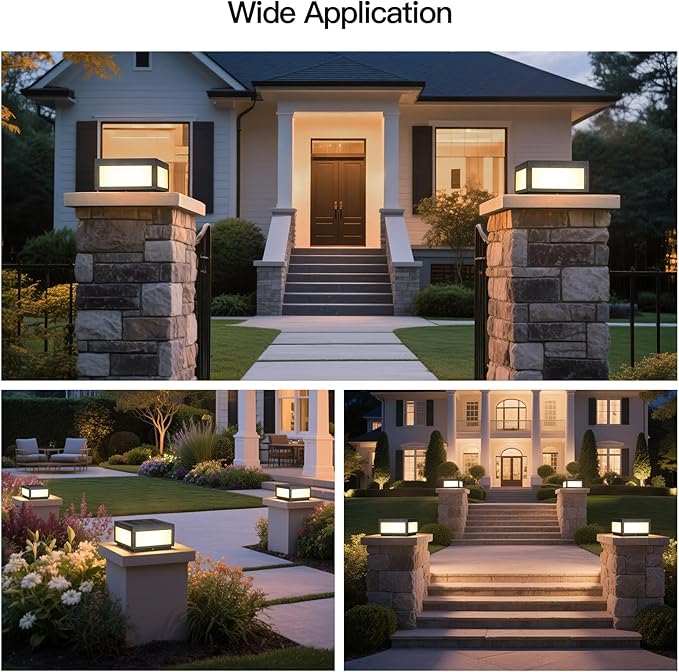 Solar Post Lights Waterproof 11.8 Solar Pillar Lights Outdoor Modern Gate Column Lights Large Square Solar Lantern 3000K LED Entrance Column Lamp for Deck Patio Outside Pool Stone Pillars