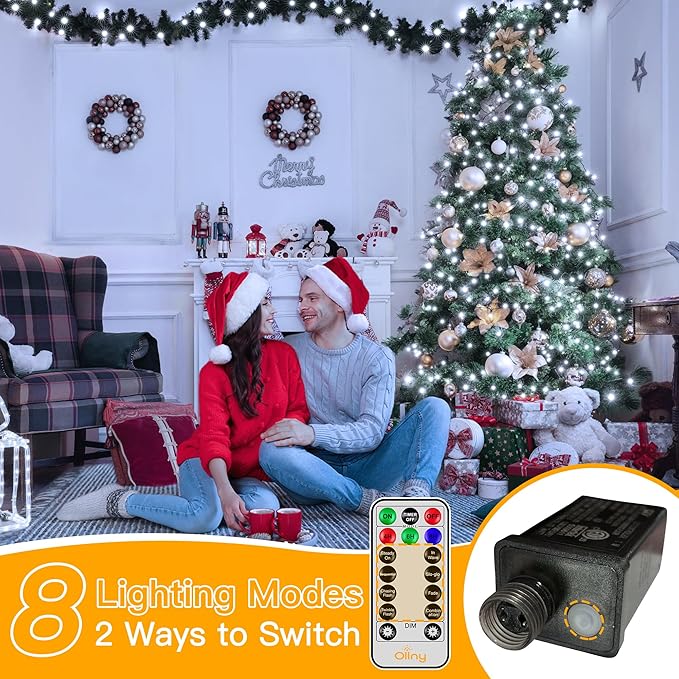 Ollny Christmas Tree Lights 8.2ft*16 Strings with Ring 8 Lighting Modes 3 Timers Dimmable Christmas Lights Indoor/Outdoor with Remote Waterproof for Xmas Decor (Cool White)