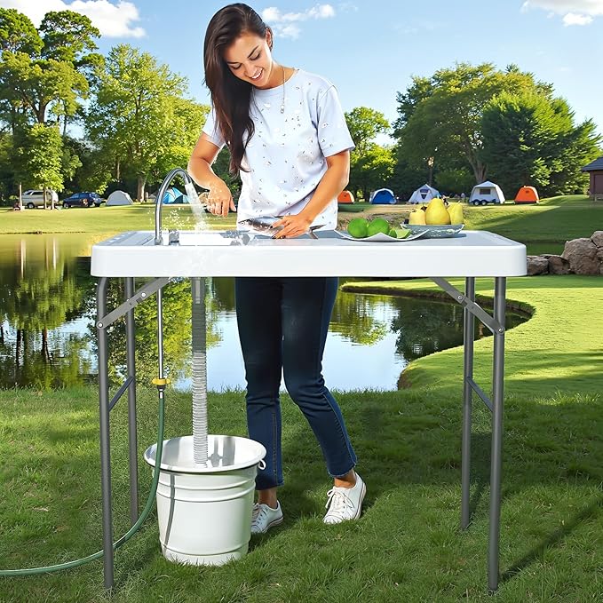 42.5 Fish Cleaning Table with Sink Folding Camping Table &amp Fish Cleaning Station with Measure Mark Camping Sink with Hose Hookup for Outdoor Picnic Beach Dock &amp Patio Use