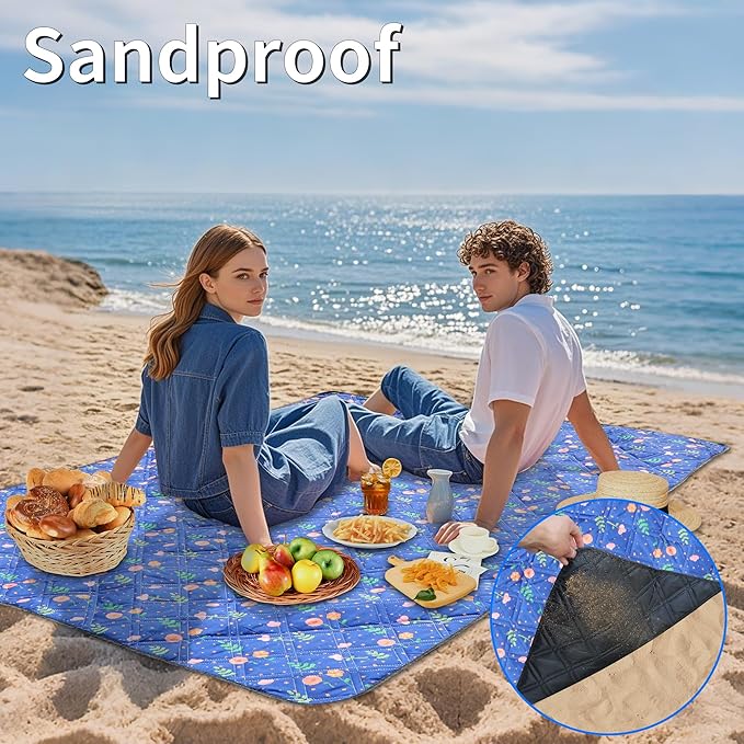 Outdoor Picnic Blanket Blue Floral 60x80 Sandproof Beach Blanket Waterproof Picnic Blankets Foldable for Caming Beach Outdoor Activities.