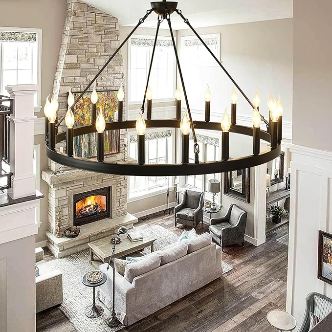 Black Wagon Wheel Chandelier 40 inch20-Light Farmhouse Wagon Wheel Chandeliers Round Industrial Ceiling Light fixtures for Porch high Ceilings Living Dining Room Foyer Entryway