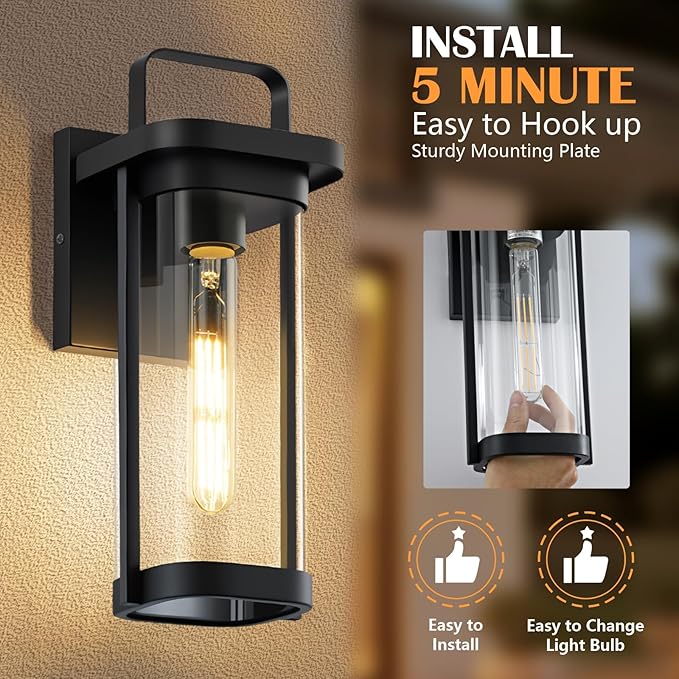 LETRY 2-Pack Outdoor Wall Lights Porch Lights Waterproof Outdoor Wall Sconce Lanterns Exterior Lighting Fixtures Matte Black with Clear Glass Shade for House Patio Garage Doorway Entryway