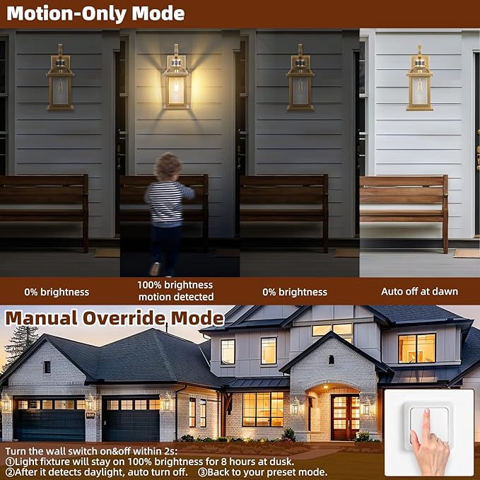 Gold Motion Sensor Outdoor Light Fixtures Dusk to Dawn 2-Pack 16 Inch Brass Outdoor Wall Sconces Photocell Outside Lights for House Front Porch Lights Carriage Coach Lights Courtyard