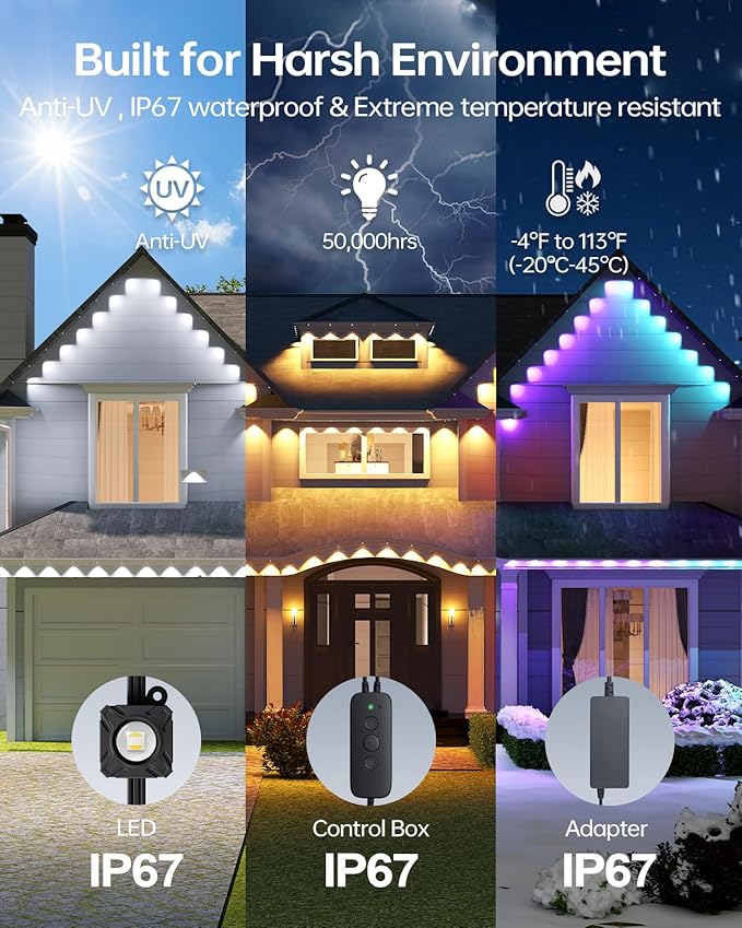 ASAHOM Permanent Outdoor Lights Pro S108D 200FT with 144 RGBCW LED Lights WLED Integrated AI Lighting 30000 Dynamic Effect IP67 Waterproof for Easter Holiday Outdoor Decor Daily Lighting Black
