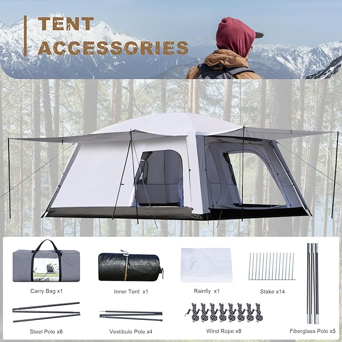 4-6 Person Camping Tent Large Family Cabin Tents with Porch &amp Rainfly Double Layer Waterproof Glamping Tent with 2 Rooms 2 Doors Portable Big Tents for Outdoor Camping Hiking Party