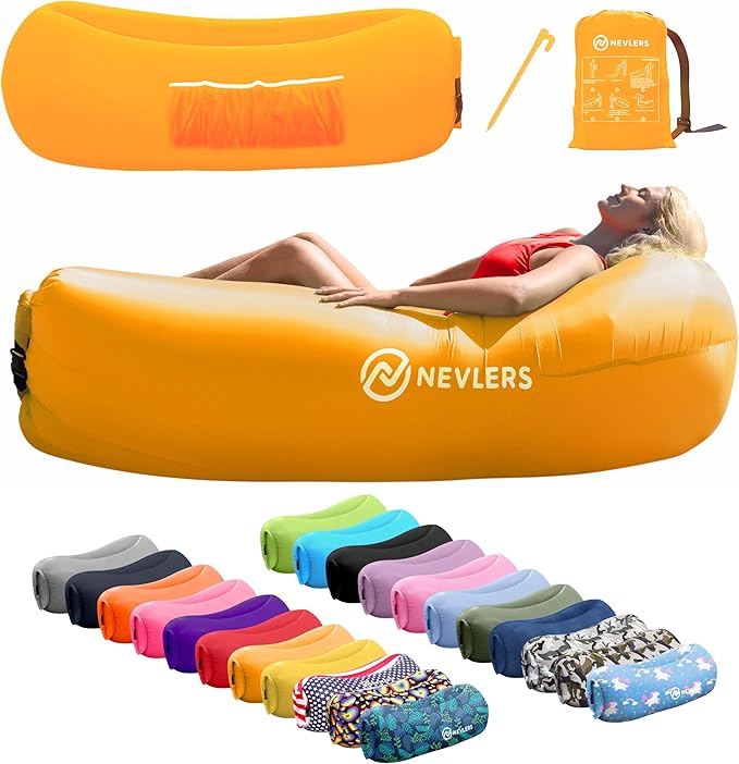Nevlers Saffron Inflatable Lounger | 210T Polyester Inflatable Chair | No-Pump Inflatable Furniture | Camping Couch w/ 450lbs. Cap. Pockets &amp Matching Bag | Use as Inflatable Couch for Adults &am
