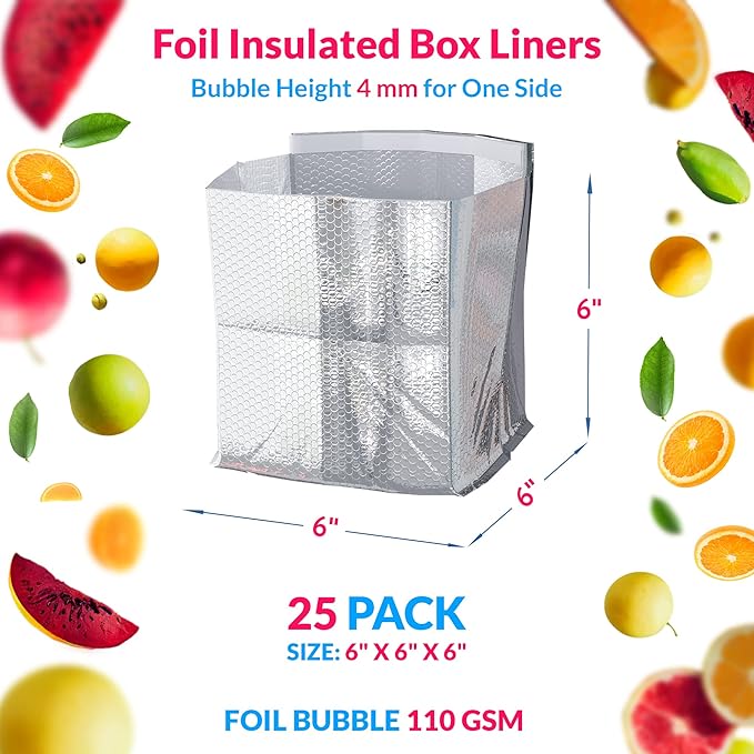 ABC PACK &amp SUPPLY 25 Pack Silver Foil Insulated Box Liners 6 x 6 x 6 inches. Shipping Boxes for Frozen Food Odorless Insulated Containers. Leakproof Cold Shipping Boxes for Frozen Fish Meat