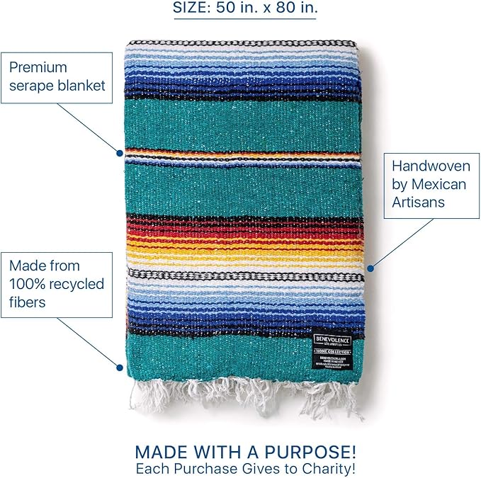 Benevolence LA Mexican Blanket Authentic Handwoven Yoga Blanket &amp Outdoor Blanket Made by Traditional Mexican Artisans Saddle Blanket Beach Blanket Picnic Blanket &amp Car Blanket 75 x 52 -