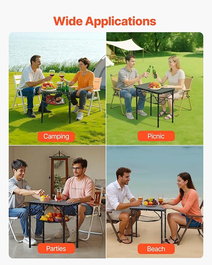 VEVOR Folding Camping Table Adjustable Height Aluminum MDF Outdoor Portable Lightweight for Cooking Beach Picnic Travel 24 x 16 inch