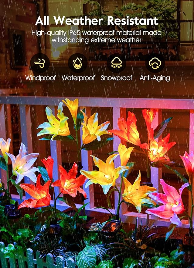 Brightown Solar Lights Outdoor 4 Pack Solar Garden Lights with Larger &amp More Realistic Lily Flowers Waterproof Outdoor Solar Lights for Yard Patio Lawn Pot Decoration