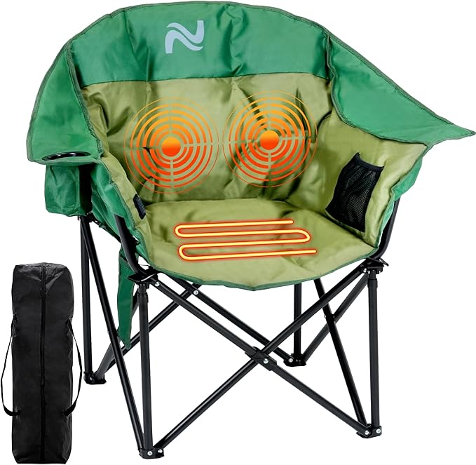 Slsy Oversized Heated Massage Camping Chair with Armrests Portable Padded Folding Chair Heavy-Duty 500 lbs Support for Camping Tailgating &amp Outdoor Relaxation