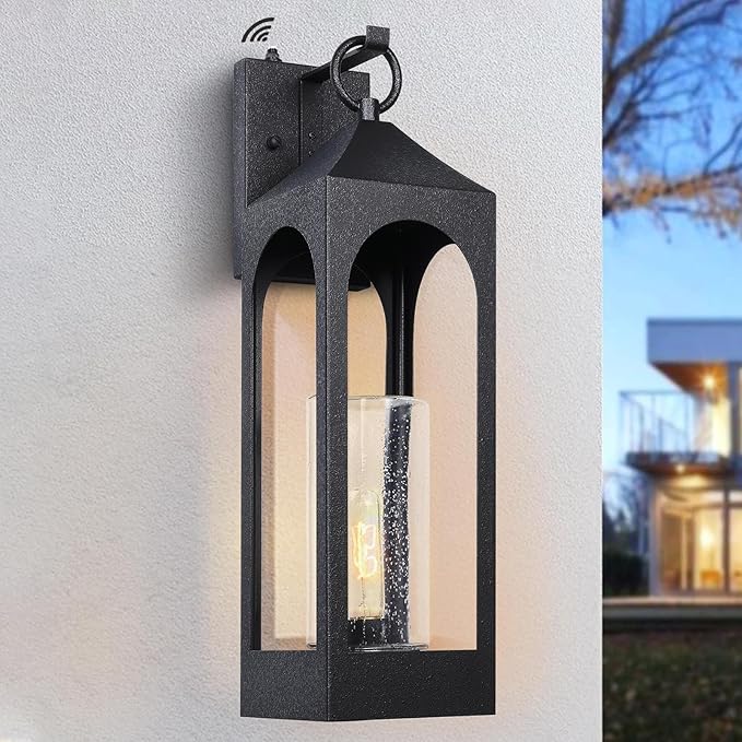 LamQee 20 Inch Dusk to Dawn Outdoor Wall Lights Large Exterior Lighting Fixtures with Seeded Glass Textured Black Modern Outdoor Sconces Wall Mount Lantern for House Porch Patio Garage Front Door