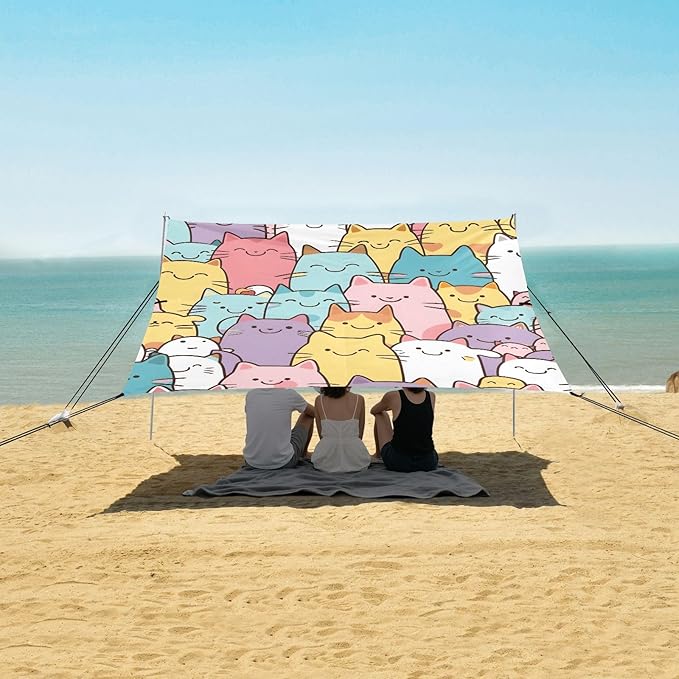 Seamless Pattern of Cats Camping Sun Shelter Beach Tent Portable Beach Sun Shade Outdoor Canopy for Camping Trips Fishing Picnic