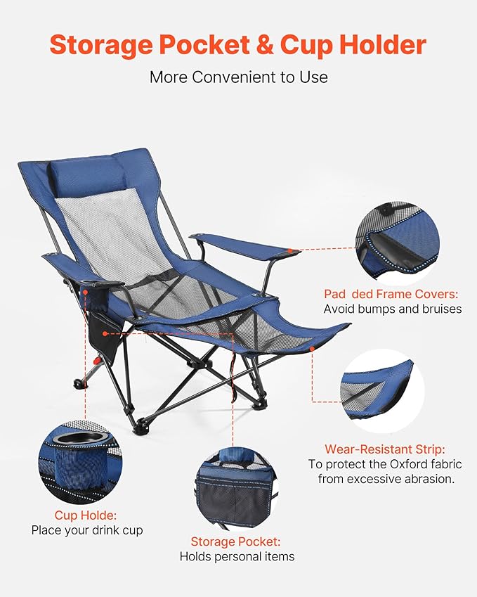 VEVOR Reclining Camping Chair 4 Adjustable Positions Portable Folding Lounger for Adults Mesh Beach Chair with Headrest &amp Foot Rest Supports 220 lbs Heavy Duty Camp Chairs for Patio Blue