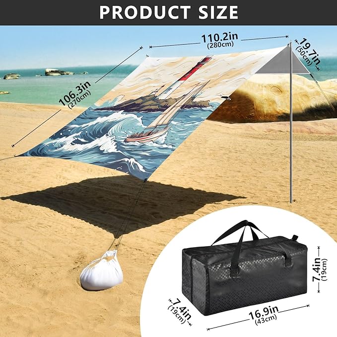 Camping Sun Shelters Sailboat in The Sea Wave and Lighthouse Beach Canopy 126 * 110.2in