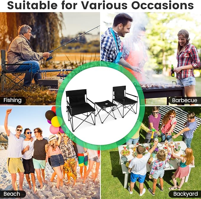 Giantex Camping Chair and Table Set - 3 Pack Folding Beach Chair with Side Table 2 Cup Holders Storage Pockets Carrying Bag 400 lbs Capacity Hammock Camping Chair for Fishing Hiking Picnic BBQ