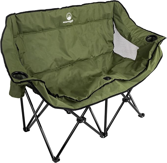 Double Camping Chair - Foldable Portable Couch with 2 Cupholders and Padded Seats - Two-Person Camp Chair with Carrying Bag by Wakeman Outdoor (Olive)