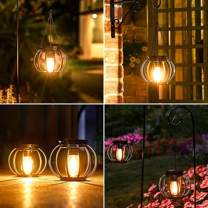 KOOPER Solar Lanterns Outdoor Waterproof Upgraded Metal Hanging Solar Lights Outdoor Lanterns Brighter Auto On/Off Outdoor Hanging Lantern for Yard Patio Pathway Porch Garden Decor 2 Pack
